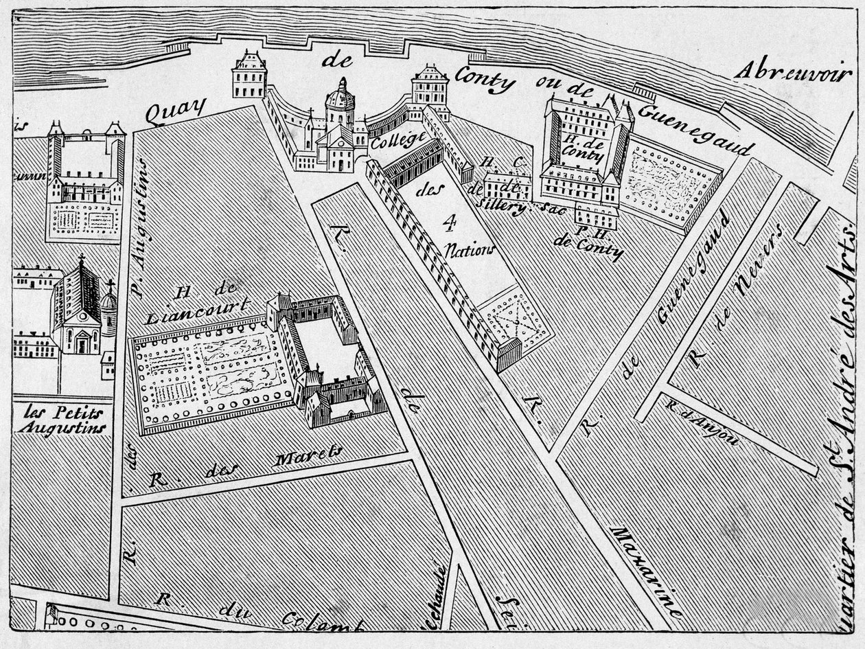 Distriktet College des Quatre Nations (fire nasjoner) og hotellet Conti-Fac-Simile i planen til J. de la Caille av French School