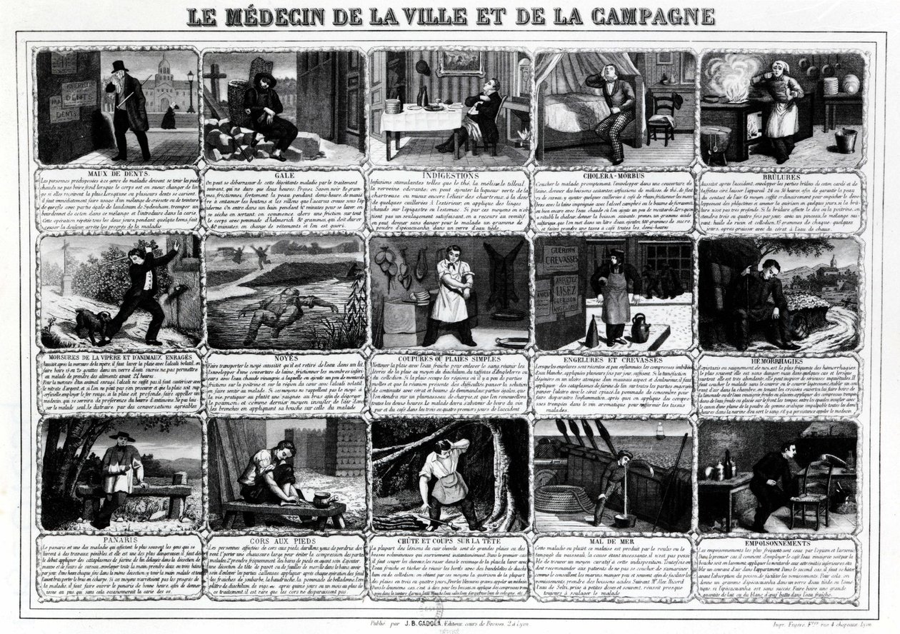 Legen i byen og på landsbygda og deres forskjellige pasienter, utgitt av J.B. Gadolachez Cours de Brosses i Lyon, sent 19. ¿ av French School