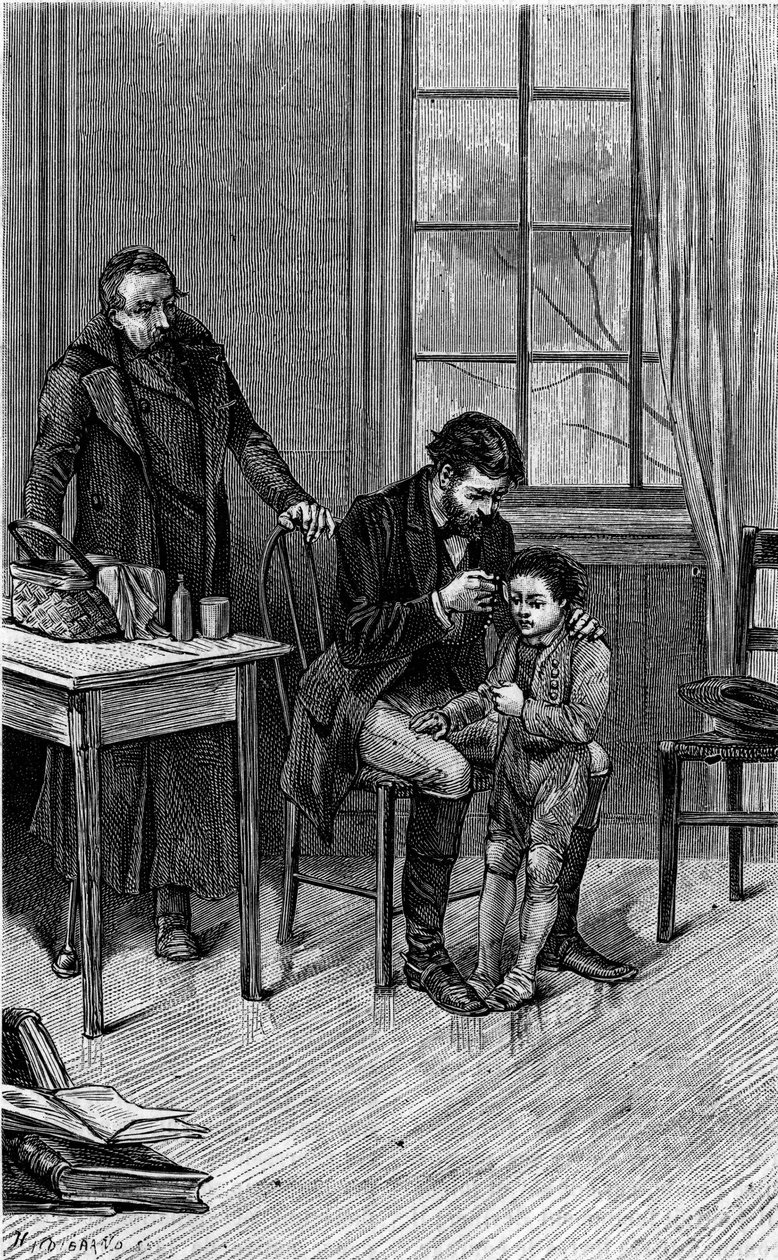 Legen marmorerte: en lege undersøker øret til et døvt barn. Gravering som illustrerer det nye "The carpet of the four facardins"" av Mme de Vitt, født Guizot. I «Le Journal de la jeunesse» av French School