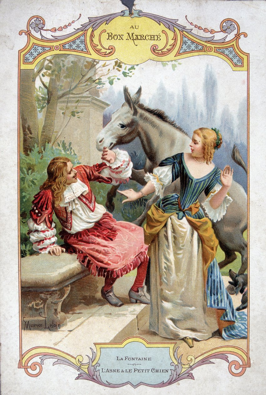 Eselet og den lille hunden (Fable de La Fontaine) - Bon Marché-reklameklistremerke av French School