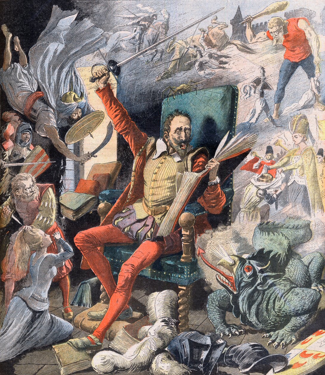 Drømmen om Don Quijote. Le Reve de Don Quixote (Miguel De Cervantes) - Illustrasjon for Le petit Journal, 21. mai 1905. av French School