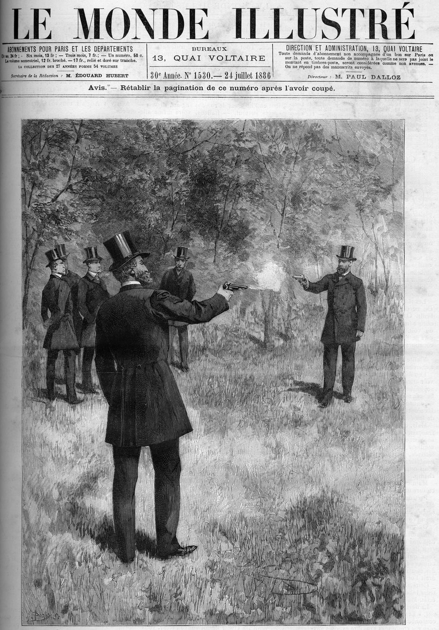 Duellen til general Georges Boulanger (1837-1891), krigsminister og baron Lareinty, senator. Gravering i "" The Illustrous World "" 1886. av French School