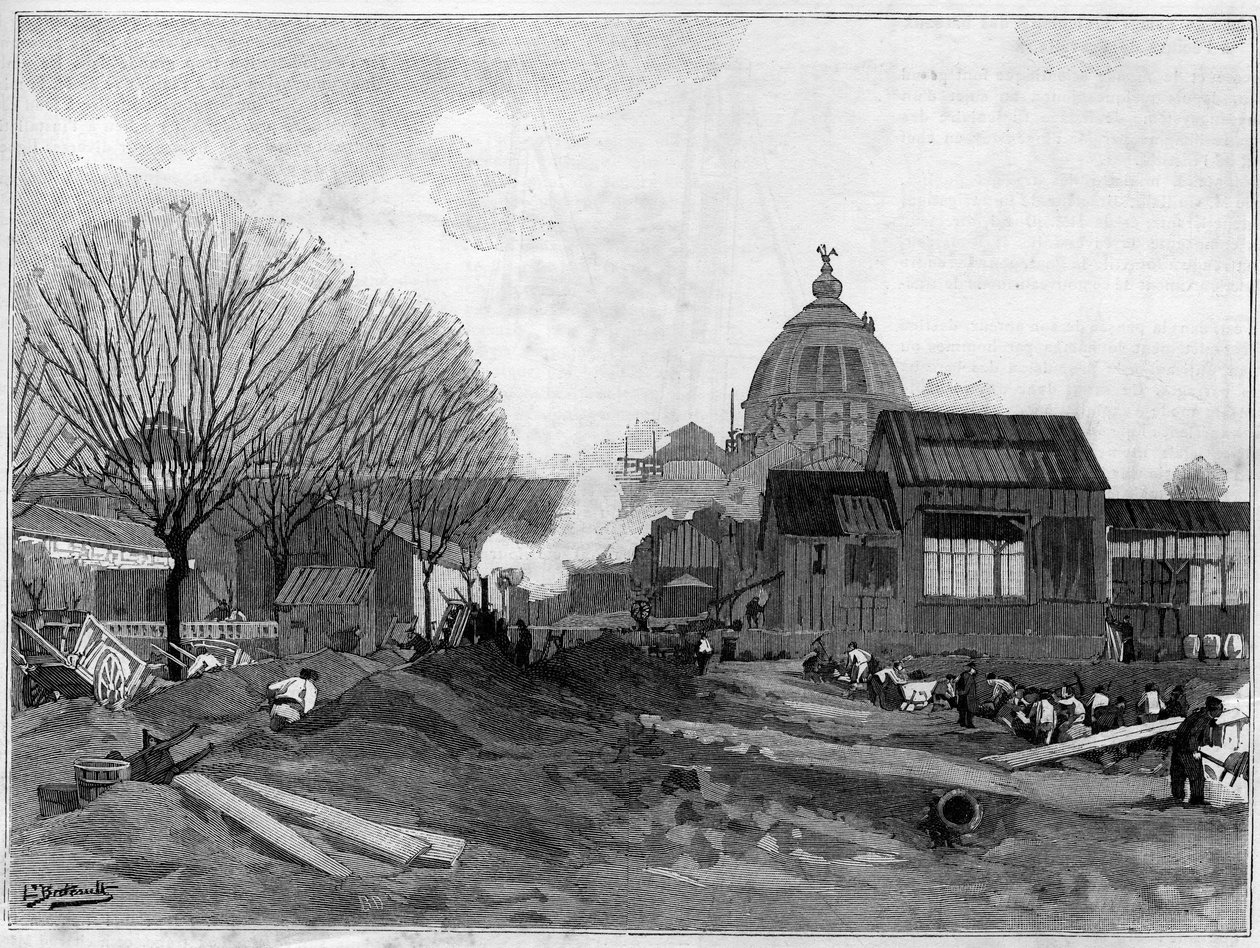 Jordflyttingsstedet for installasjonen av den monumentale fontenen i Paris for verdensutstillingen i 1889. av French School
