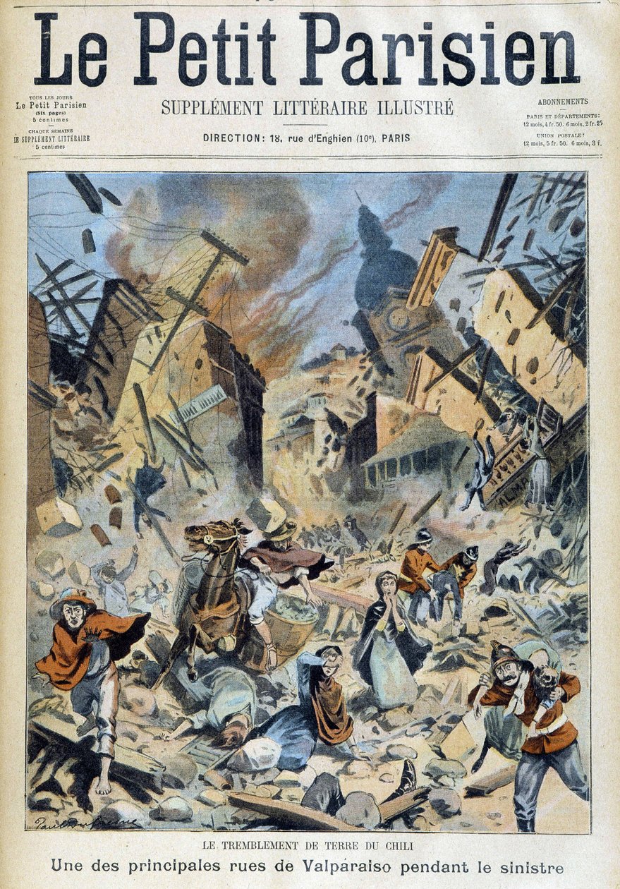 Jordskjelvet i Chile: Valparaiso under katastrofen - i "" The Little Parisian"" av 09.09.1908 av French School