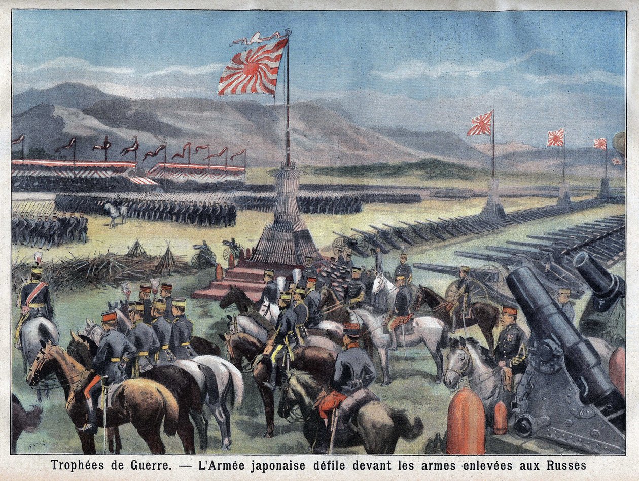 Slutten på den japanske Russo-konflikten, Japans seirende hær sitter foran den russiske våpenovertakelsen, i "Le Petit Parisien", den 24.06.1906 (gravering) av French School