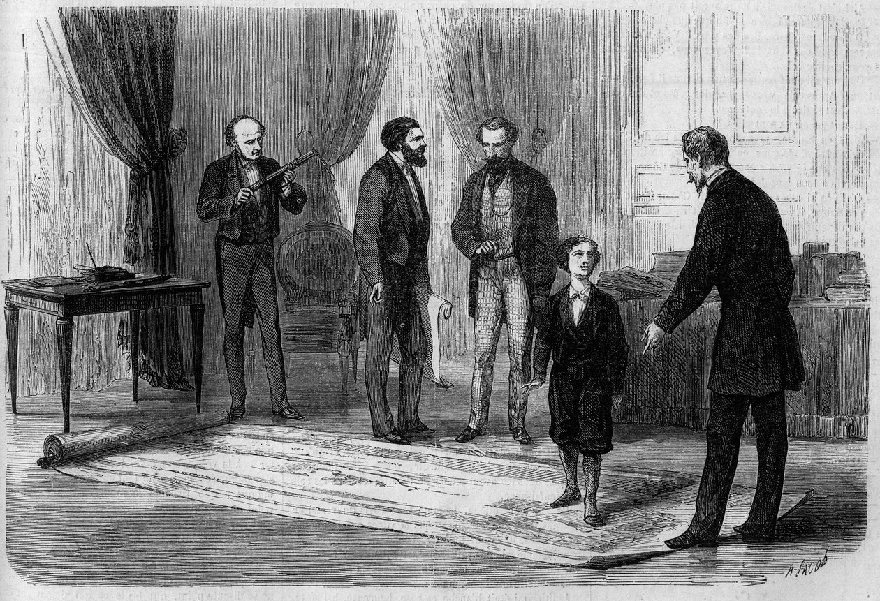 Ingeniøren Boutet presenterte planen sin for en jernbanebro mellom Frankrike og England for keiser Napoleon III (1808-1873), i nærvær av sønnen Prince Imperial (1856-1879) av French School