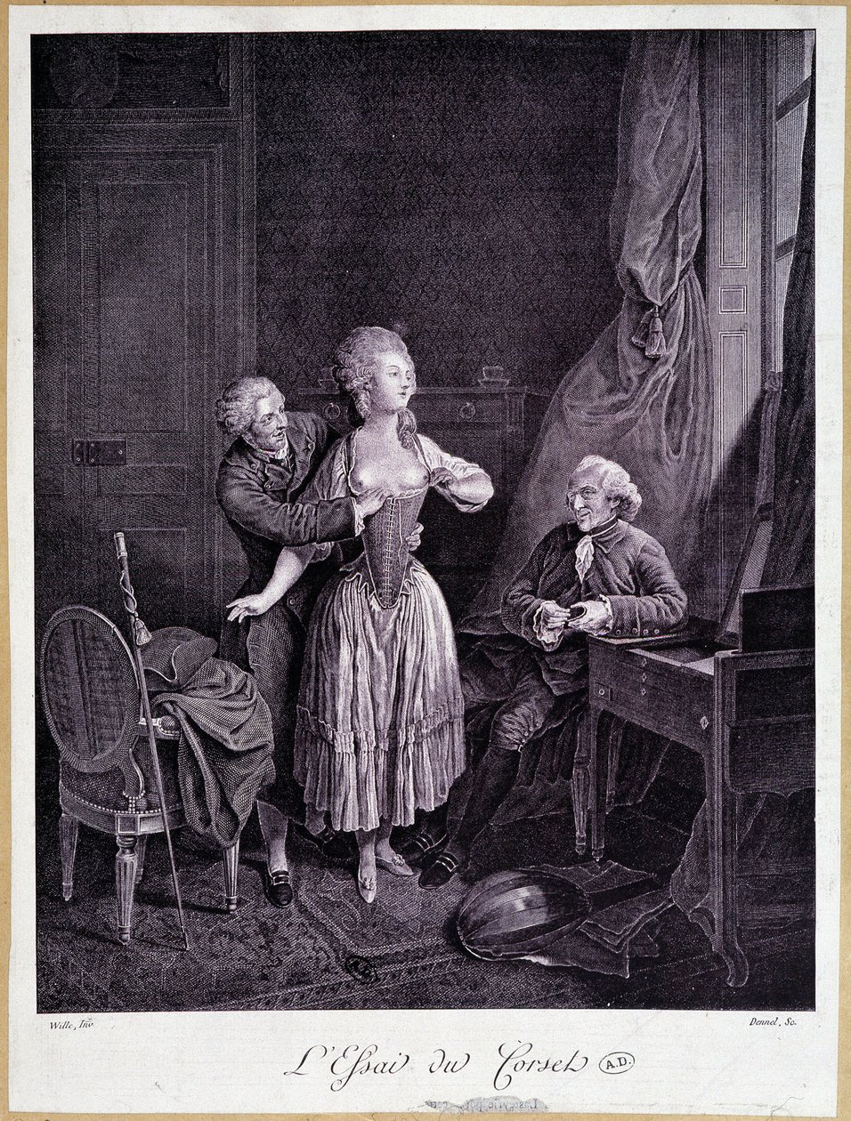 Essayet om korsettet (to menn og en kvinne med strippede bryster) - 18. gravering. av French School
