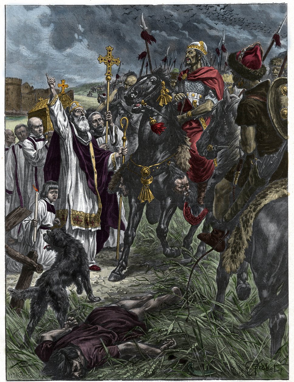 Den eveque Saint Loup av Troyes arresterer Attila kongen av hunerne før Troyes - Barbarian invasjoner - Gravering etter maleriet av H. Grobert. av French School