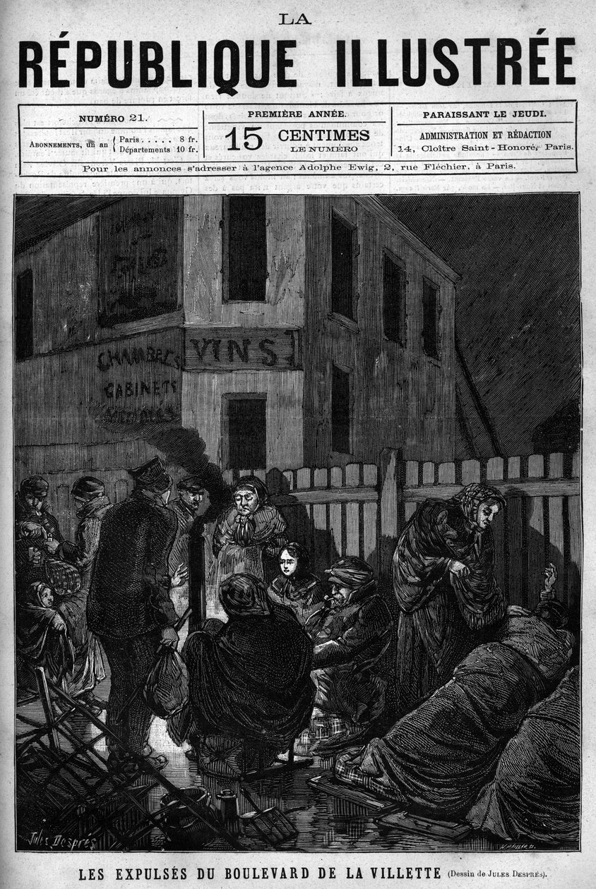 Utkastelsen av Boulevard de la Villette: arbeidere utvist fra en by i Paris må sove på gaten (S.D.F.). En avis. Gravering fra 1880 i "La republique illustree"" privatsamling. av French School