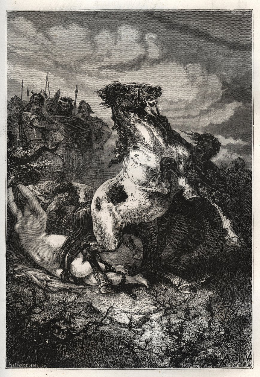 The execution of Brunhilda of Austrasia by Chlothar II, 613 - The death of queen Brunhilda of Austrasia, a Visigothic princess, married to king Sigebert I of Austrasia - Mort de Brunehaut (or Brunehilde) ordered by Clotaire (Clothaire) II (613). engraving  av French School