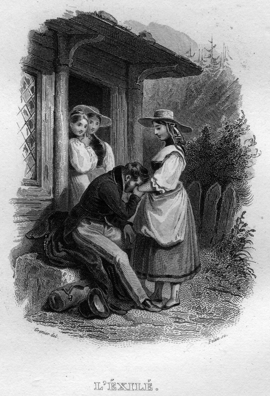 Eksilen Chanson de Beranger i "" Works Completes"" (1834) av Pierre Jean de Beranger (1780-1857), fransk poet og låtskriver. av French School