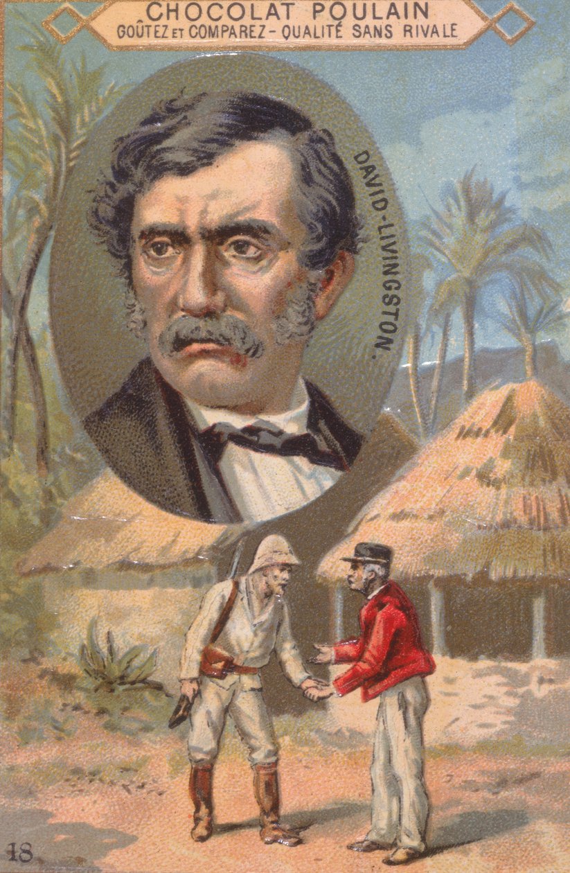 Oppdageren David Livingstone (1813-73) og hans møte med Stanley (1840-1904) i Ujiji 27. oktober 1871, handelskort som annonserte Poulain-sjokolade av French School