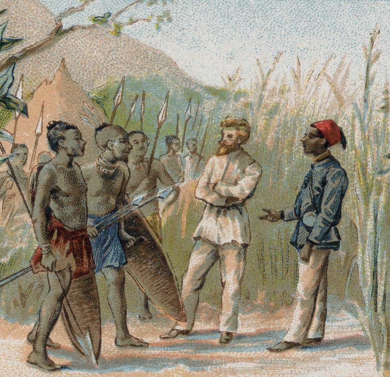 Oppdageren Paul Crampel (1864 - 1891) i parlamentarisering med de innfødte i Kongo. Kromolitografi fra 1800-tallet. av French School