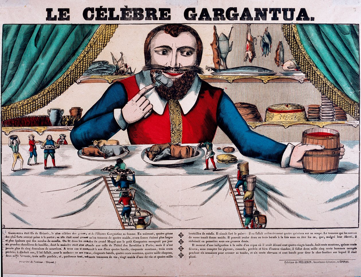 Den berømte Gargantua-karakteren i romanene av Francois Rabelais (1494-1553), fransk forfatter. Gargantua har en stor baldakin og har alle slags retter. Epinal Imaging fra 1800-tallet - av French School