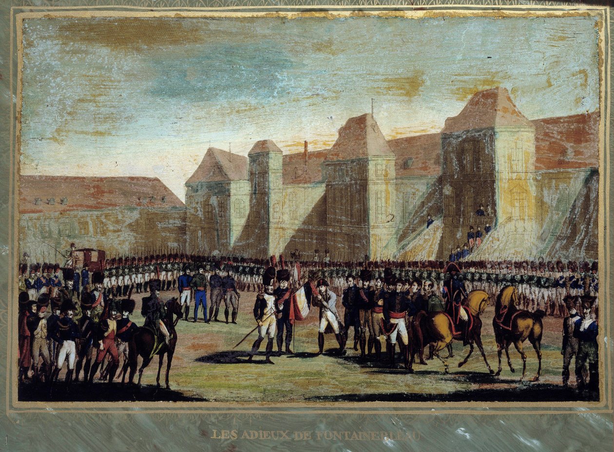 Avskjeden til Napoleon Bonaparte (1769-1821) har den keiserlige vakt på gårdsplassen til Cheval Blanc i Fontainebleau den 20.04.1814. Anonymt maleri. 1814 Aix Island, Napoleons museum av French School