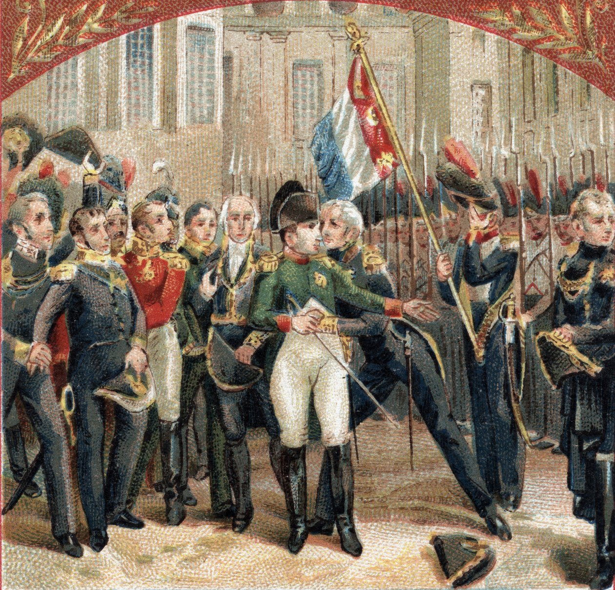 Avskjeden til Napoleon Bonaparte (1769-1821) har den keiserlige vakt på gårdsplassen til Cheval Blanc ved slottet Fontainebleau den 20.04.1814. Kromolitografi fra slutten av 1800-tallet av French School