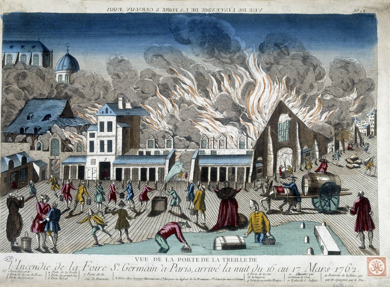 Brannen på St Germain Fair i Paris, natten 16. til 17. mars 1762 - gravering av French School