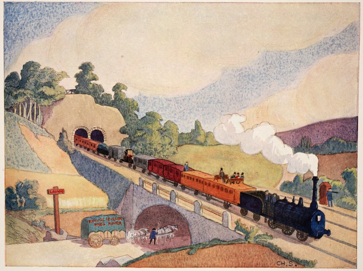 Den første jernbanen fra Paris til Rouen, kopi av et frimerke fra 1837, av M. Charles Sanlaville (fl.1920-30), illustrasjon fra Histoire de la Nation Francaise, av Gabriel Hanotaux (1853-1944), 1924 av French School