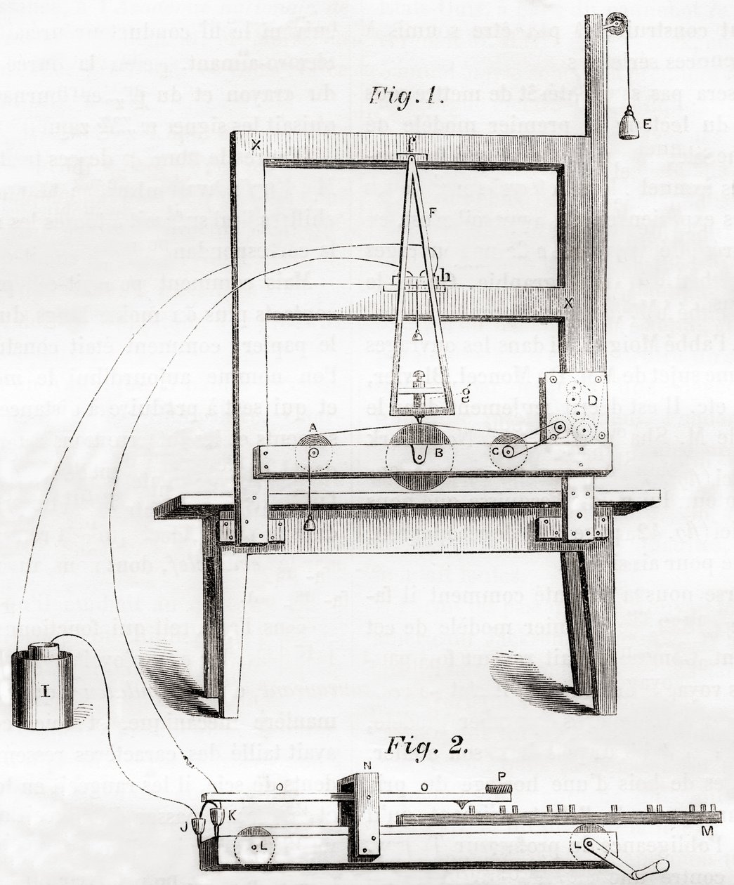 Den første elektriske telegrafen oppfunnet av Samuel Morse i 1837, fra Les Merveilles de la Science, publisert ca. 1870 (gravering) av French School