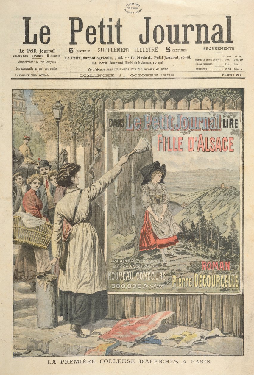 Den første kvinnelige reklameplakaten i Paris, fra le Petit Journal, 11. oktober 1906 av French School