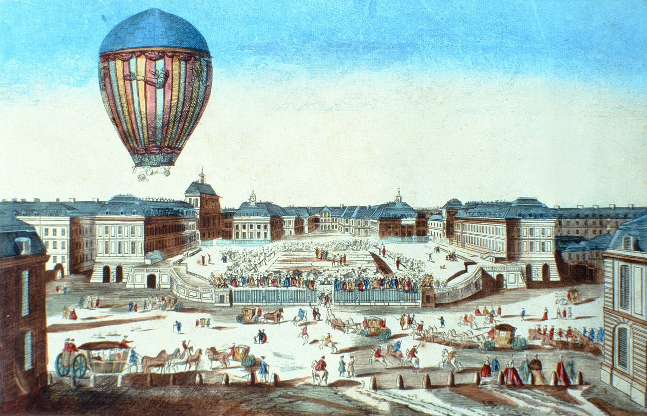 Den første flyturen til Pilatre du Roziers varmluftsballong, oppkalt etter sponsoren, M. Montgolfier, i Versailles 23. juni 1784 av French School