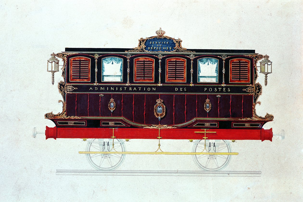 Den første postbilen i Frankrike, ca. 1830-48 (penn og blekk og wc på papir) av French School