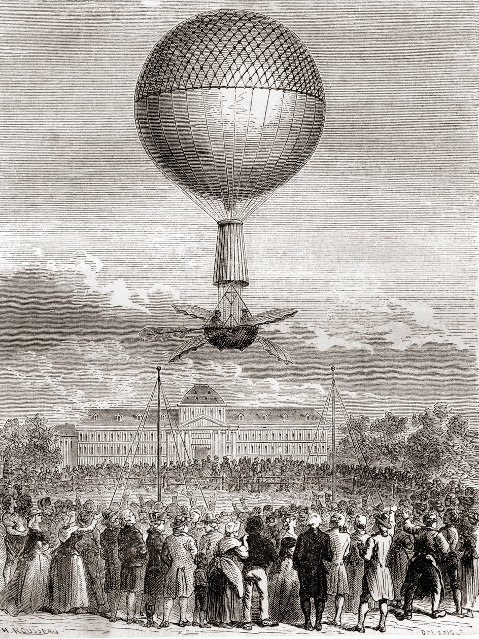 Den første vellykkede ballongflyvningen til Jean-Pierre François Blanchard 2. mars 1784, i en hydrogengassballong skutt opp fra Champ de Mars, Paris, Frankrike, fra Les Merveilles de la Science, publisert ca. 1870 (gravering) av French School