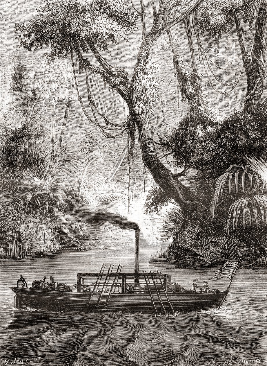 Den første vellykkede prøvekjøringen av John Fitchs dampbåt Perseverance på Delaware River, Amerika, 22. august av French School