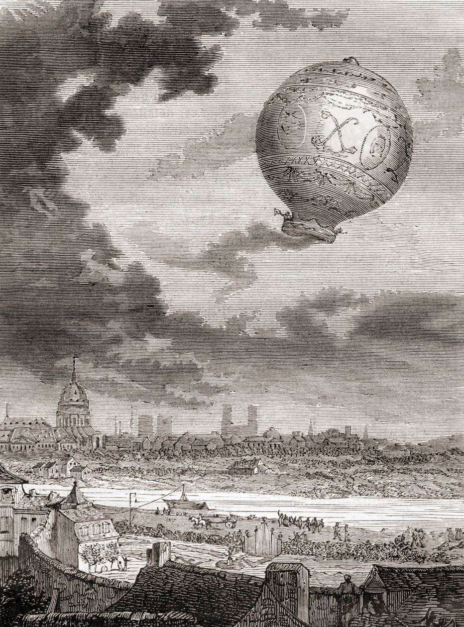 Den første ubundne ballongflyvningen, av Jean-François Pilâtre de Rozier og Marquis d'Arlandes 21. november 1783 i en Montgolfier-ballong, fra Les Merveilles de la Science, publisert ca. 1870 (gravering) av French School