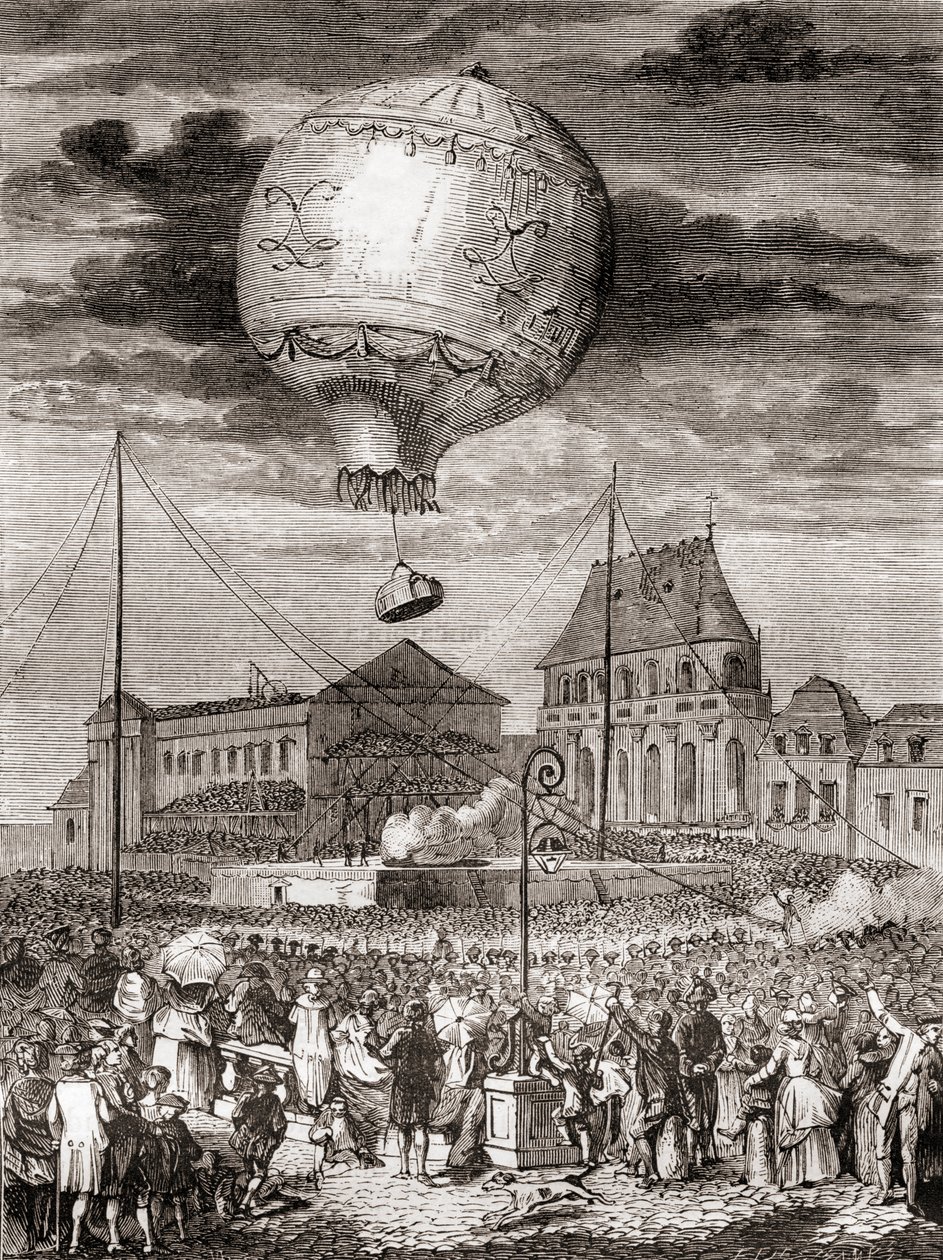 Flyturen til Aérostat Réveillon den 19. september 1783 av Montgolfier-brødrene i Versailles, Frankrike, før kong Louis XVI av Frankrike og dronning Marie Antoinette, fra Les Merveilles de la Science, publisert ca. 1870 (gravering) av French School