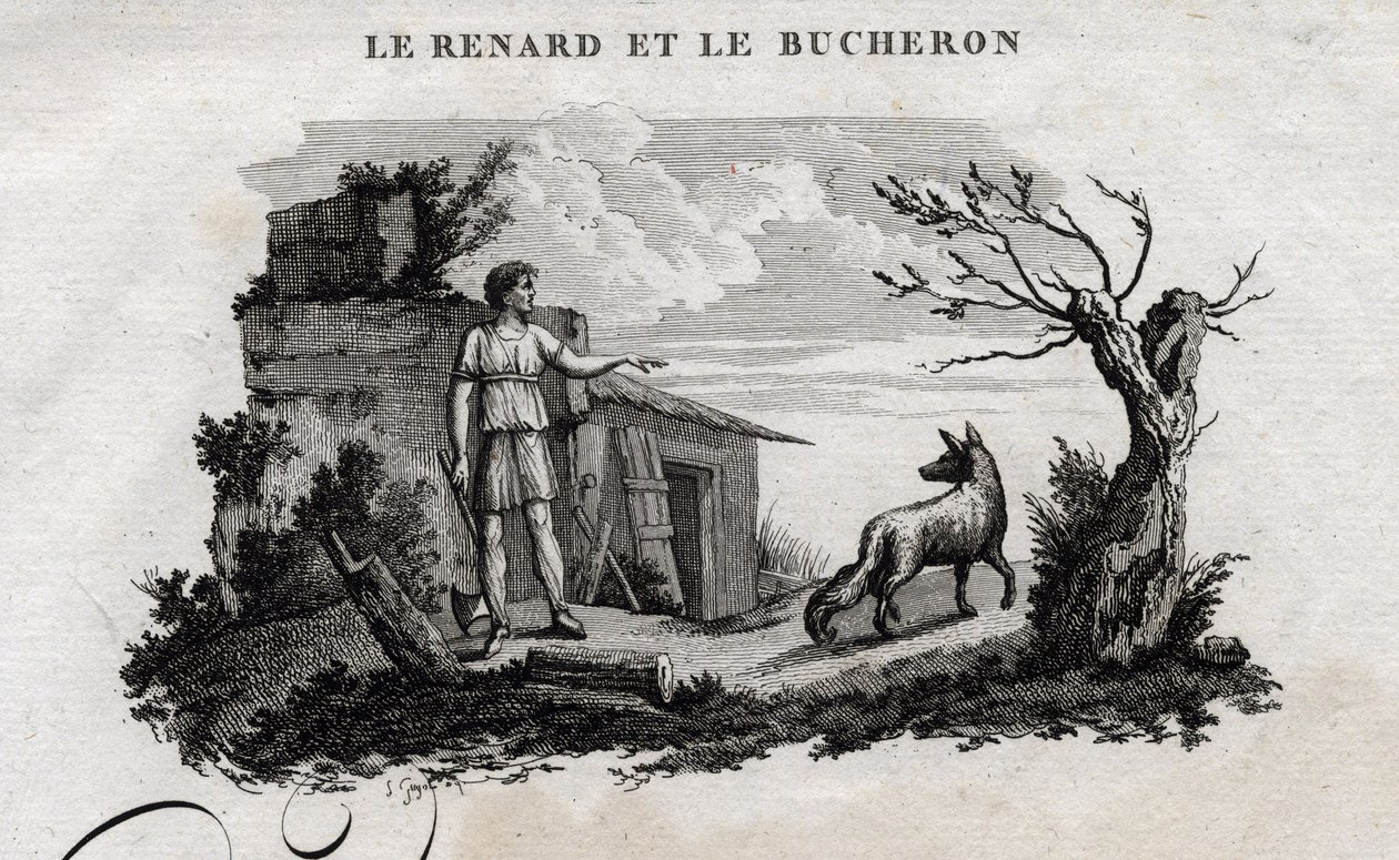 Reven og tremannen. Fabel om Esope. (Gresk forfatter Esopo eller Ecopus, 6. århundre f.Kr.) Skrevet av Guillaume Montfort og Gravees av Beauble i 1801. av French School