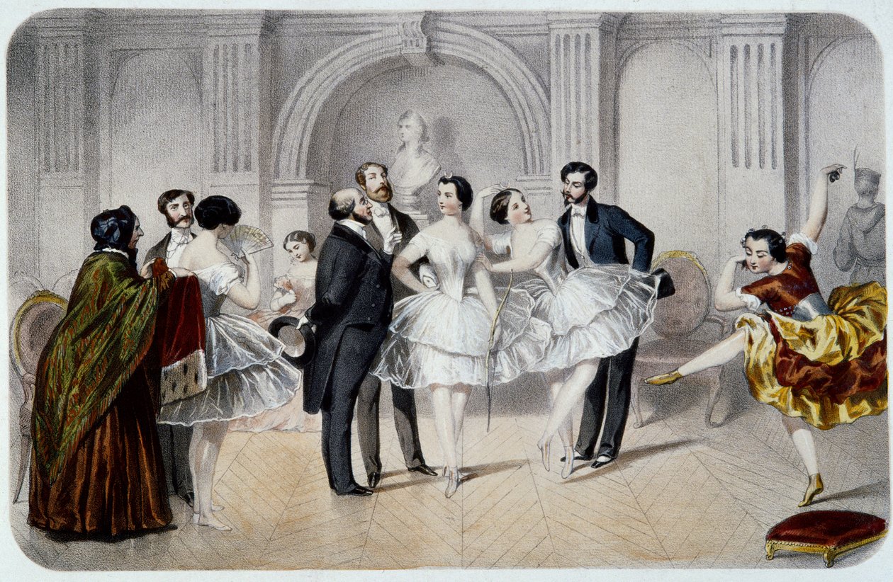 Foajeen til Operaen (Opera Garnier i Paris). En tutu-danser som prater med herrer som kom for å hilse på dem eller tok noen skritt for å danse. Gravering av French School