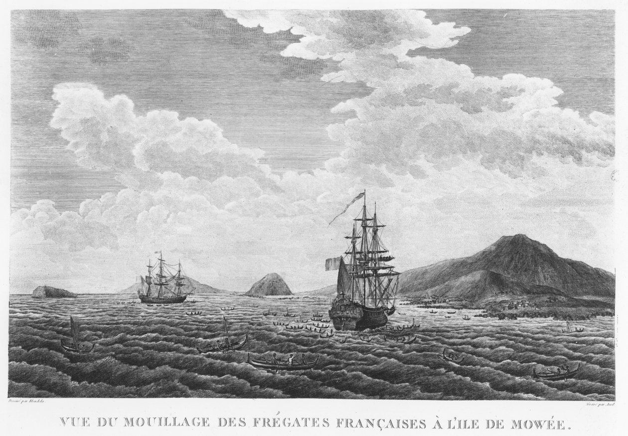 The frigates of La Perouse at the island of Maui (engraving) av French School