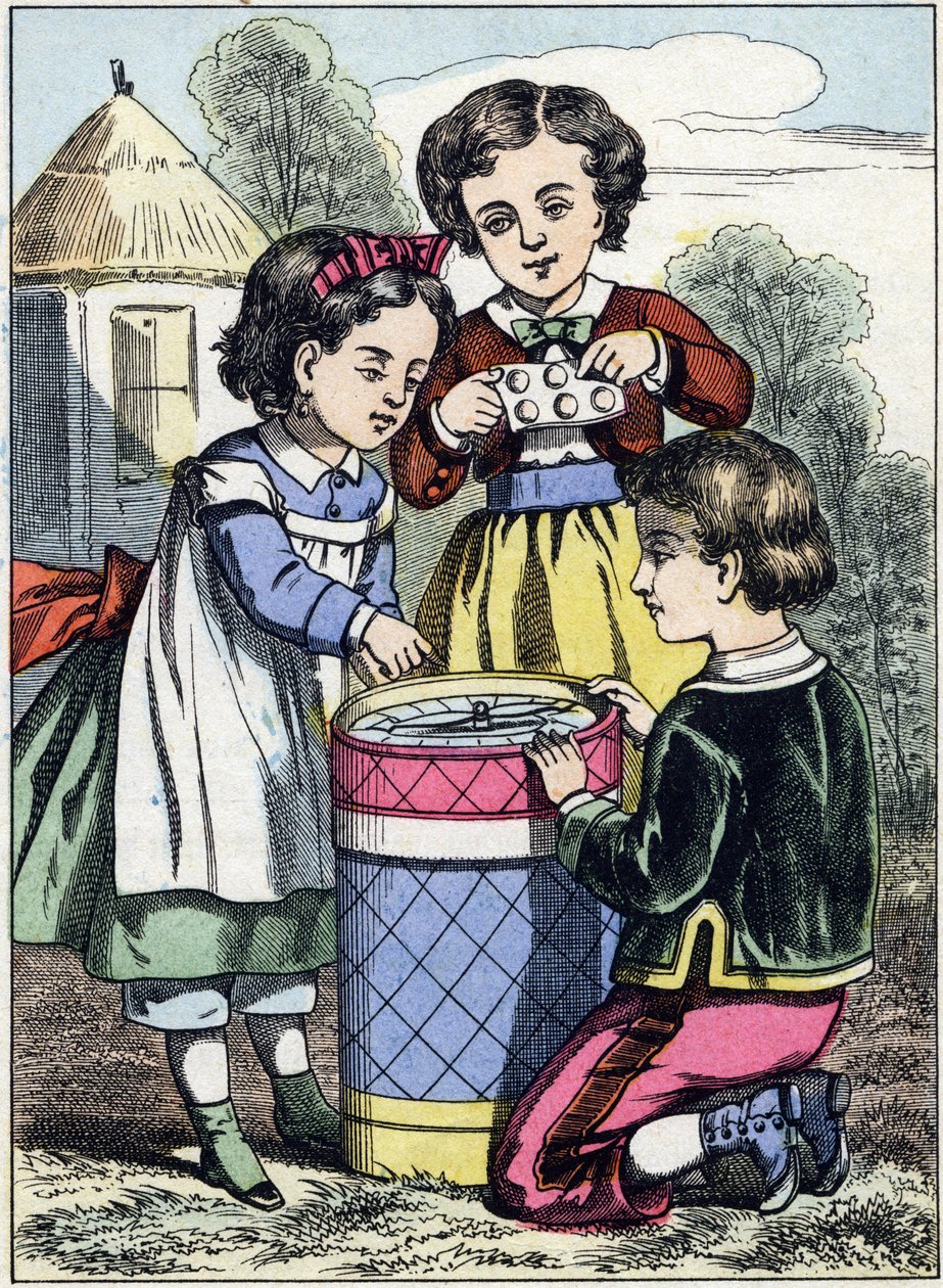 Spillet med makroner. Gravering fra bildealbumet "The games of childhood". Bilder av Epinal, sent på 1800-tallet. 32 sider. Mål: 20x14cm av French School