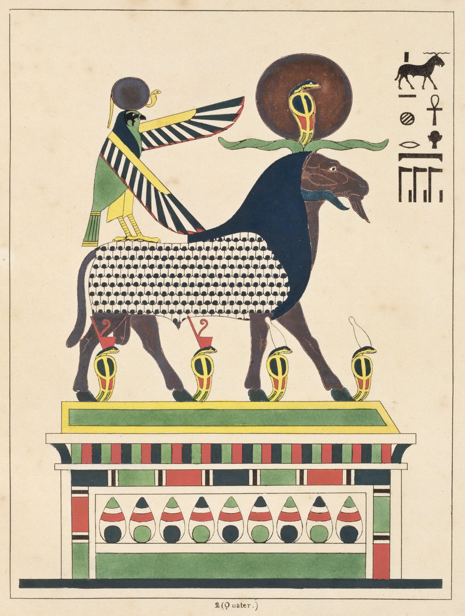 Guden Amon-Ra, illustrasjon fra Egyptian Pantheon: samling av mytologiske karakterer fra det gamle Egypt av Jean-Francois Champollion, utgitt ca. 1986 av French School