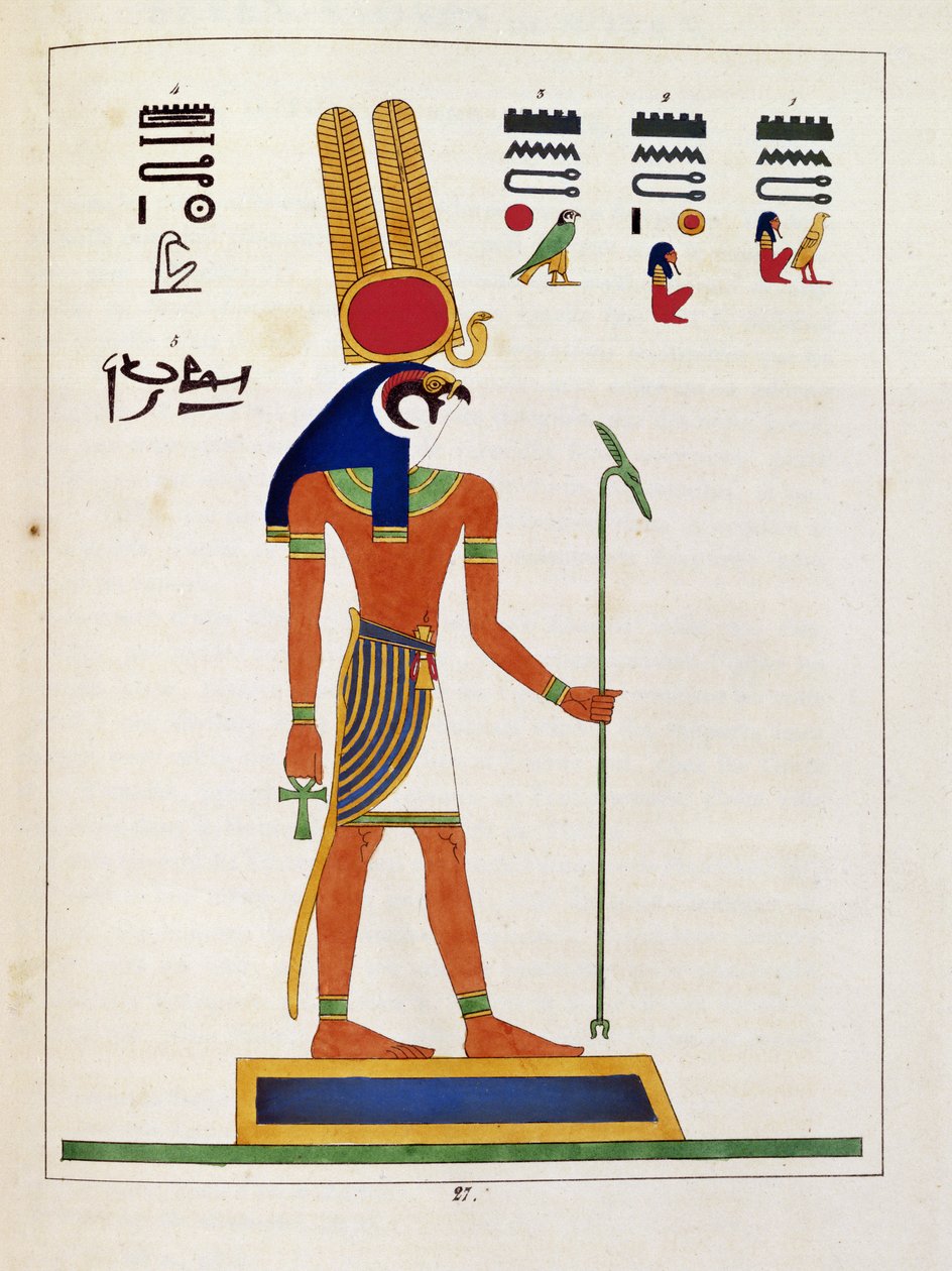 Guden Mandou, illustrasjon fra Pantheon egyptien: samling av mytologiske karakterer fra det gamle Egypt av Jean-Francois Champollion, utgitt ca. 1986 av French School