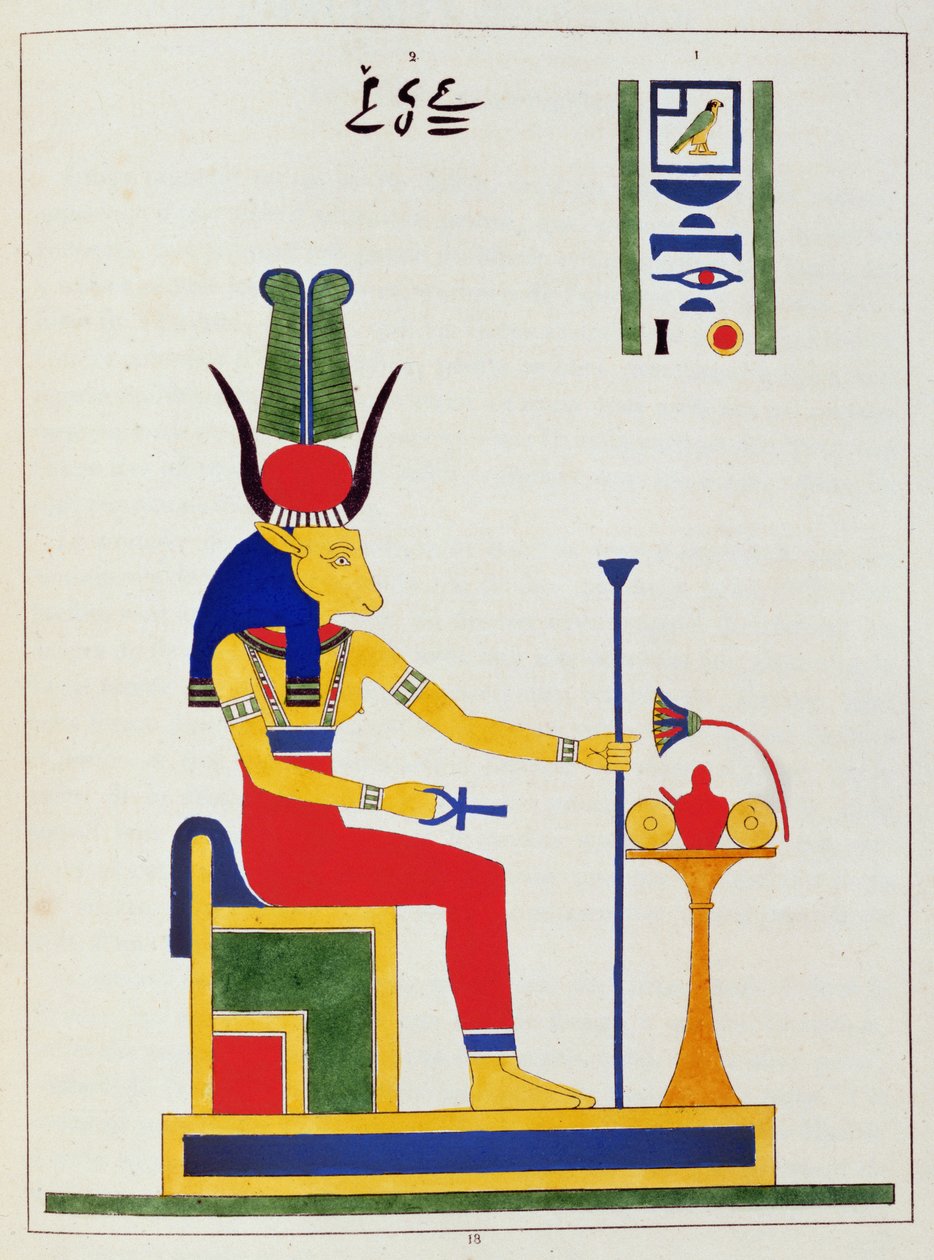 Gudinnen Hathor, illustrasjon fra Pantheon egyptien: samling av mytologiske karakterer fra det gamle Egypt, av Jean-Francois Champollion, utgitt ca. 1986 av French School
