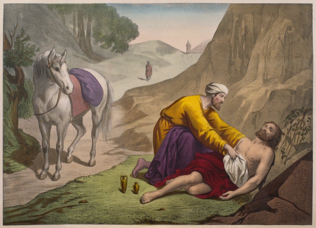 Den barmhjertige samaritan, illustrasjon fra en katekisme LHistoire Sainte, utgitt av Charles Delagrave, Paris, sent på 1800-tallet av French School