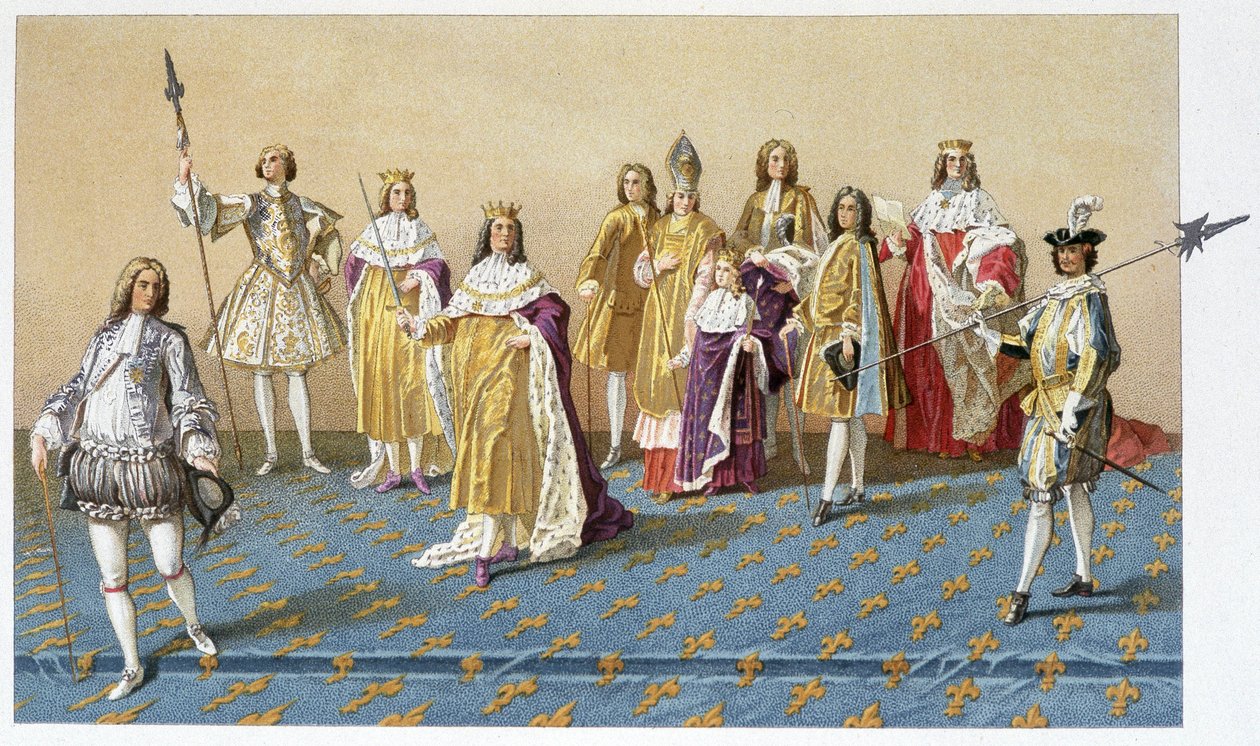 De store dignitærene til kroningen av Ludvig XV: Marquis de Dreux, Marshal de Villards, hertug av Harcourt, erkebiskop hertug av Reims, Louis XV, prins Charles av Lorraine, hertug av Villeroy, hertug av Armonville - chromo. av French School