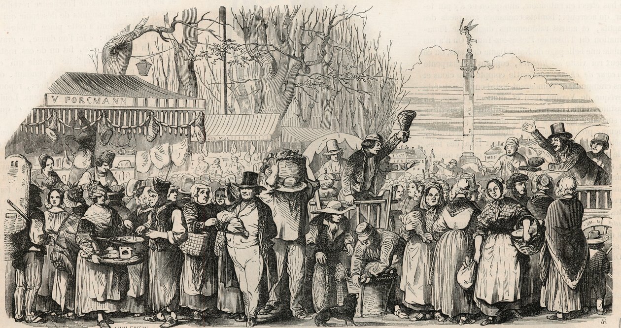 The ham fair on Boulevard Bourdon in Paris - Engraving in “Tableau-de-Paris” by Edmond Texier 1852 av French School