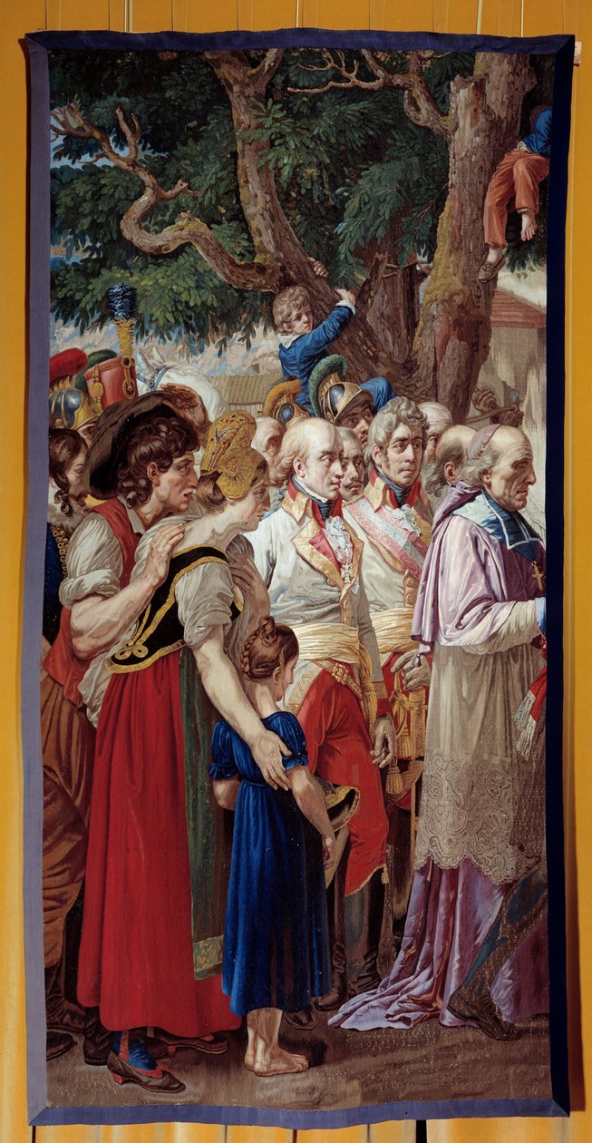Overlevering av nøklene til Wien til Napoleon I (1769-1821) Keiseren returnerte til den østerrikske hovedstadens øde av Francois II av Habsburg 14.11.1805. Tapet laget av Gobelins verksted. 1815. Søn 3,35x1,72 m Malmaison, musee du chateau av French School