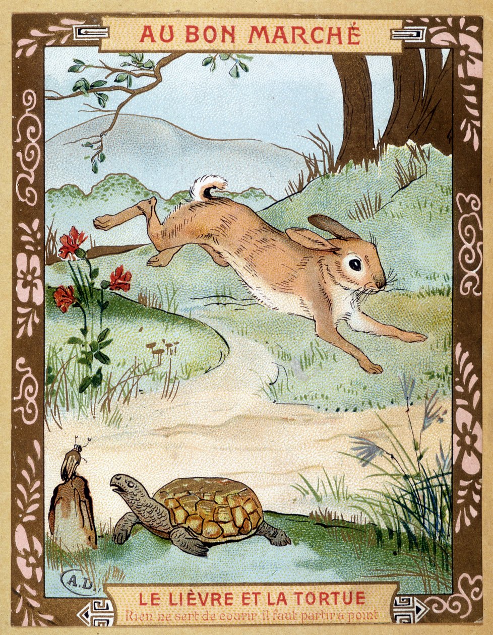 Haren og skilpadden (Fable de La Fontaine) - Bon Marché-reklameklistremerke, sent på 1800-tallet av French School