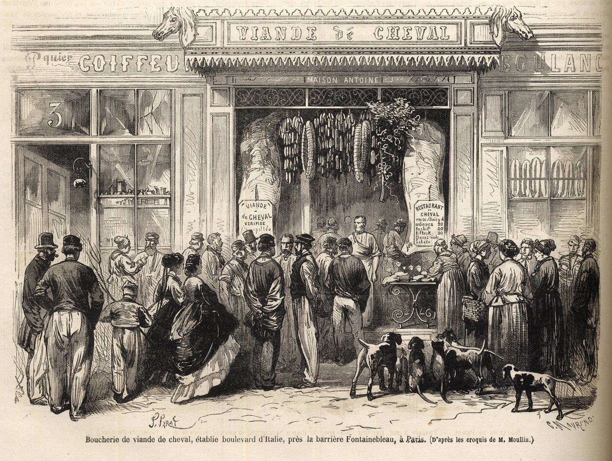Hesteslakterbutikken ved barriere de Fontainebleau (Paris) åpnet i 1866 - butcherie chevaline - Boucherie Meat de Cheval Boulevard Italia nær barriere de Fontainebleau 1866) Gravering i "Le monde illustrious" fra 1866 av French School