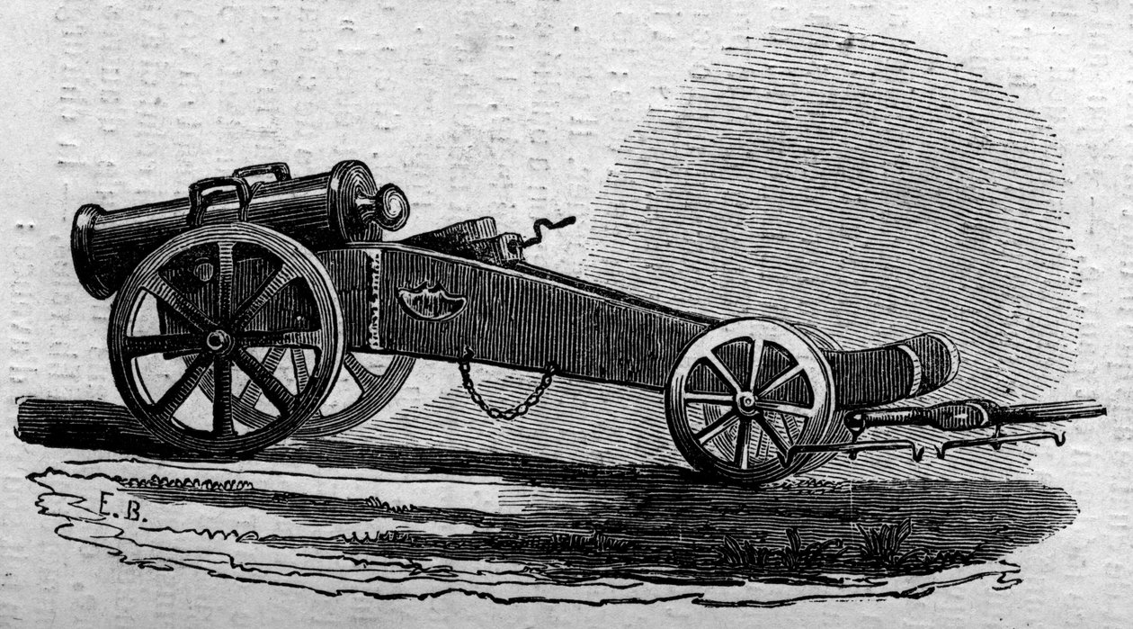 Haubitsen til den østerrikske hæren brukt under slaget ved Buffalora-broen (Italia) under Risorgimento i 1859. Gravering i “” Le Monde Illustré”” nr. 114 av 18. juni 1859. av French School