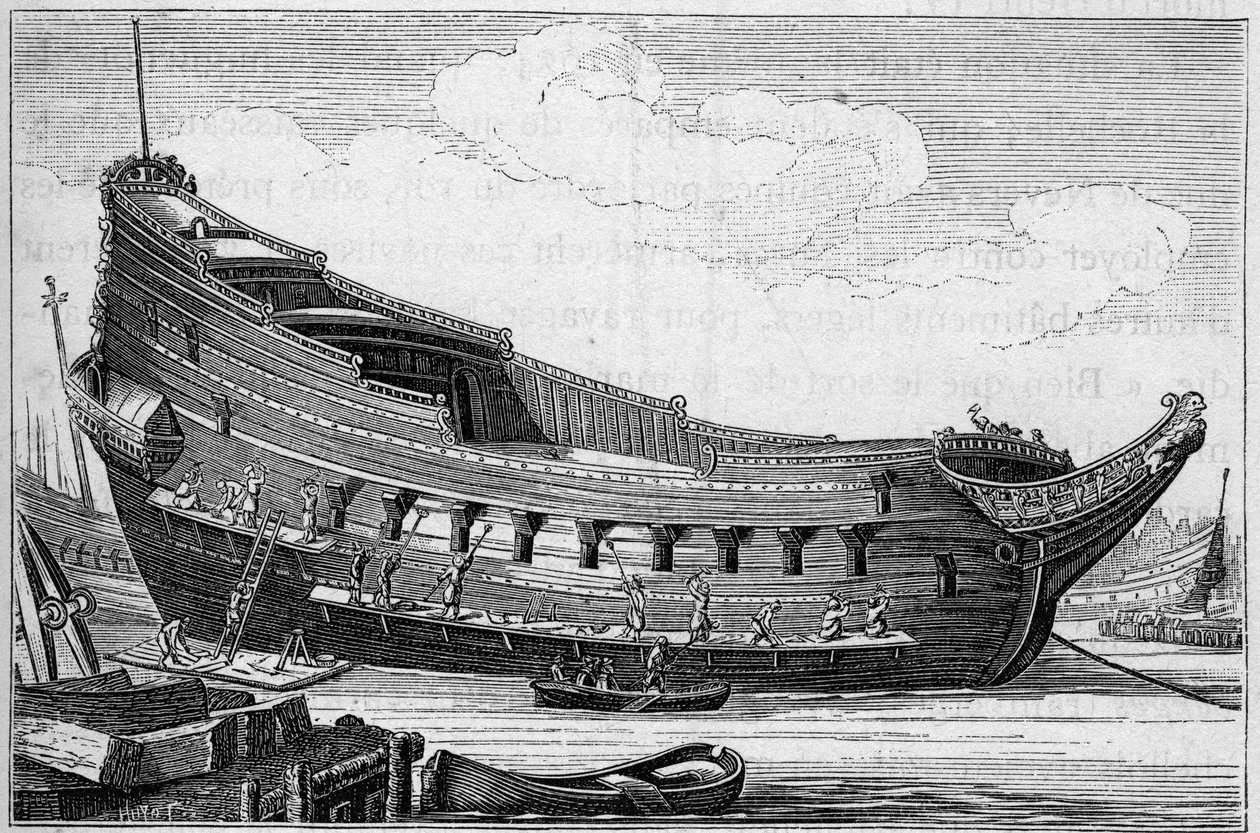 Skroget til et stort skip på 1600-tallet. Gravering i «La Marine et les colonies: handel» av French School