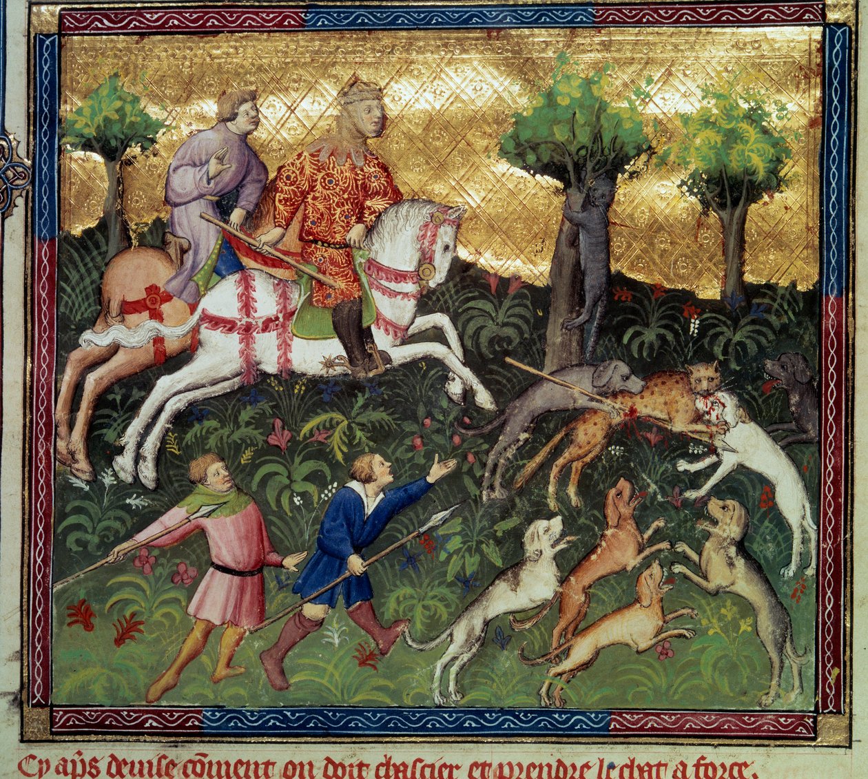 Jakten på villkatt Miniatyr hentet fra "" The book of hunting"" av Gaston III Phoebus, greve av Foix, Lord of Bearn (1331-1391) av French School