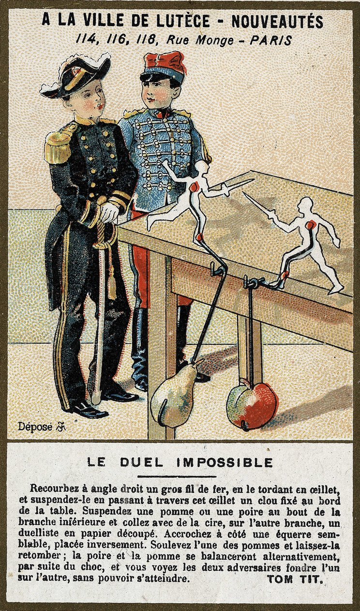 Den umulige duellen: Barnekort som forklarer et spill du kan bygge selv. Kromolitografi fra 1800-tallet. av French School