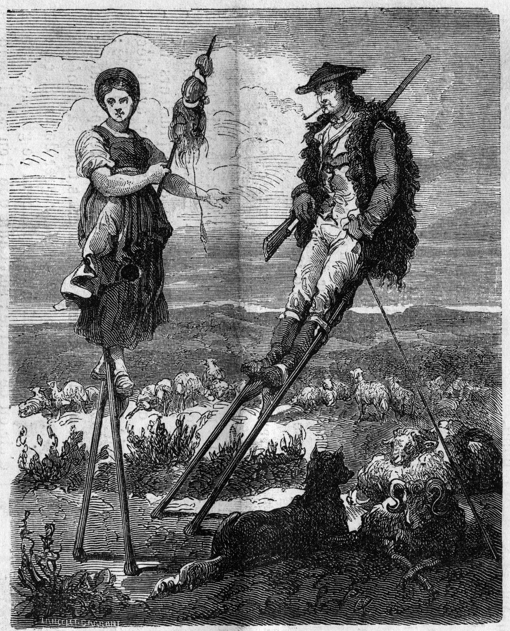 The inhabitants of Arcachon go up on a shepherd and a peasant holding a cattail. Gironde (33) av French School