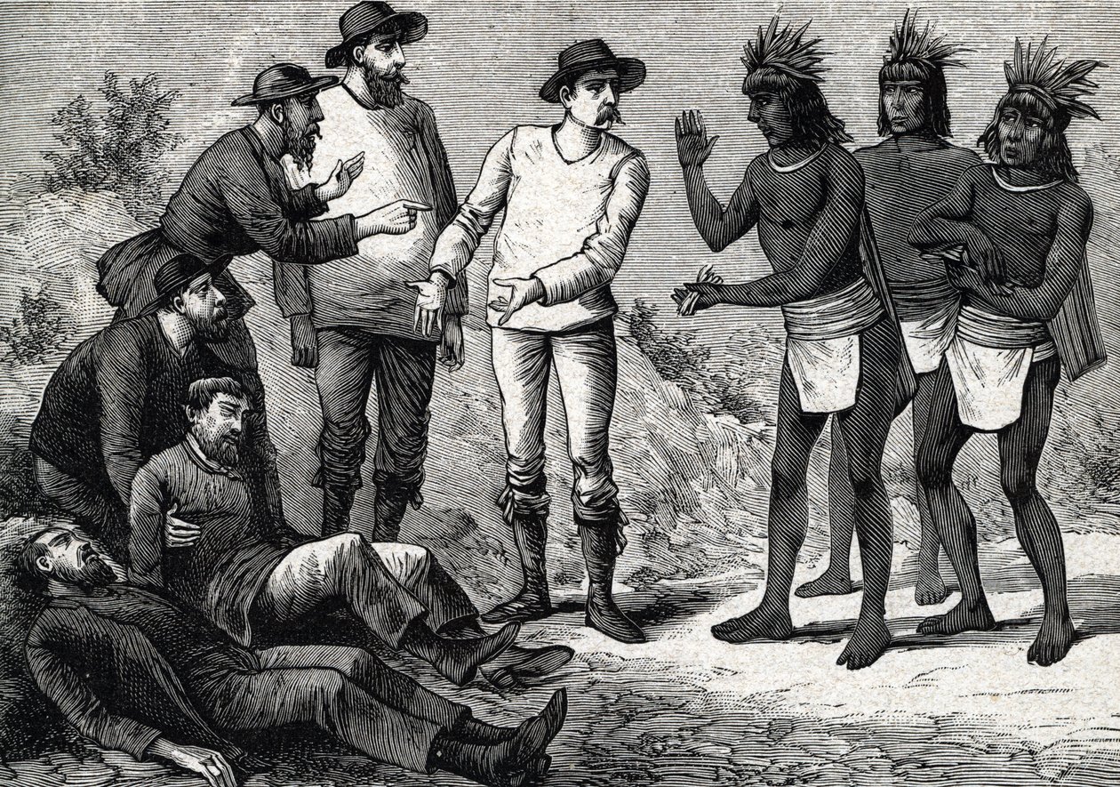 Innbyggerne i Peru hjelper koloniale europeere som lider av malaria med Cinchona (gravering) 1888 av French School