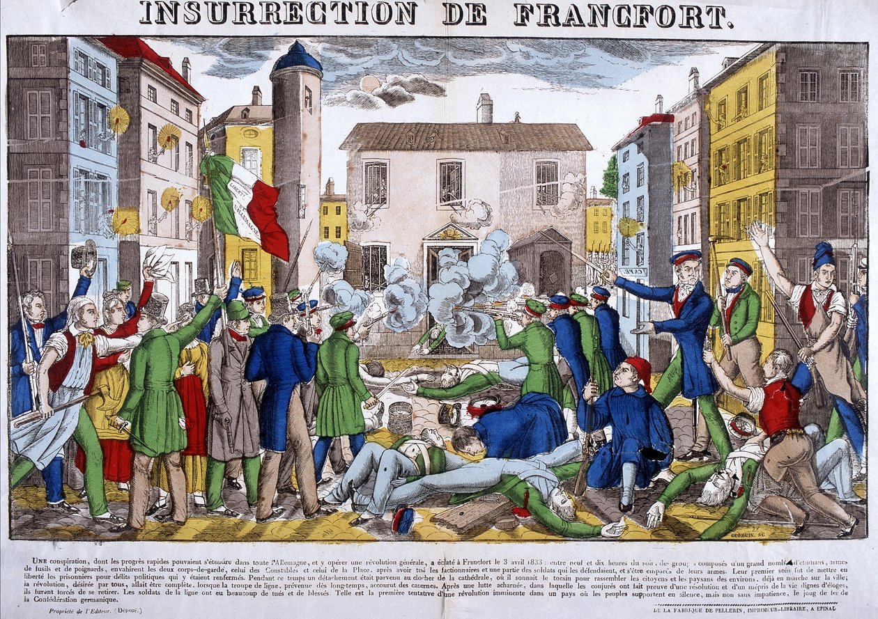 Opprøret av Frankfurt 3. april 1833, hovedstaden i det tyske forbund. Bilde av Epinal av French School